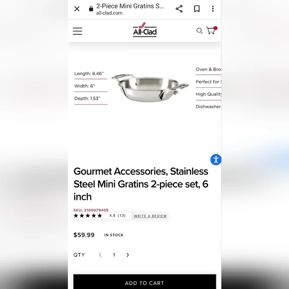 All-Clad Stainless Steel 6" Mini Gratin Pan, 2pcs set, NWT - Picture 3 of 7